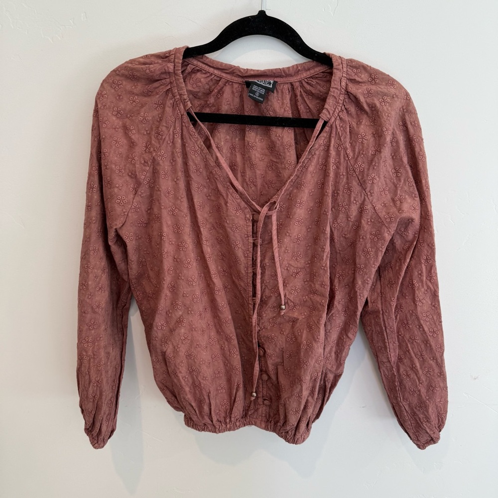Angie Dusty Rose Eyelet Blouse Womens Small Cotton Boho Balloon Sleeve Feminine